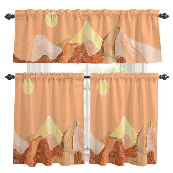 Abstract Line Peaks Kitchen Curtains Set for Windows, Modern Geometric Lines Sunset Hills Moutains Orange Curtains Valance and Tier 3 Piece Set Small Drapes 36 Inch Length for Kitchen Bedroom Decor
