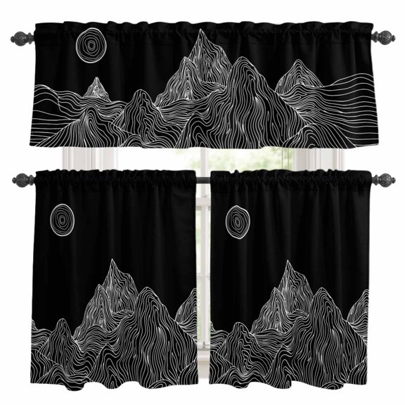 Abstract Line Peaks Kitchen Curtains Valances and Tiers Set of 3 Modern Geometric Lines Sunset Hills Moutains Black Tier Curtains and Valance with Rod Pocket for Small Windows, 27.5"x24"