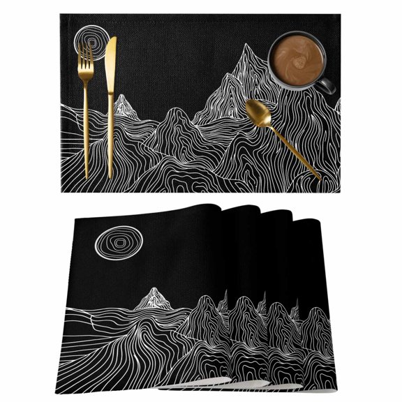 Abstract Line Peaks Placemats Set&nbsp;of&nbsp;12 Modern Geometric Lines Sunset Hills Moutains Black Heat Insulation Washable Place Mats, Non-Slip Table Mats for Dining Table Party Kitchen,13x19 Inch