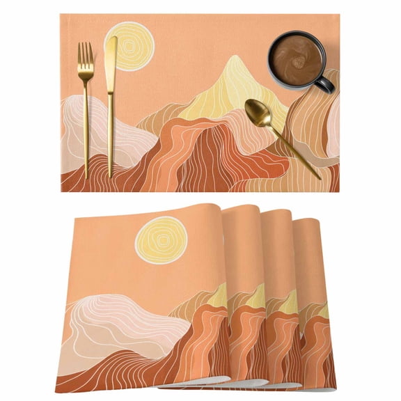 Abstract Line Peaks Placemats Set of 6 Modern Geometric Lines Sunset Hills Moutains Orange Heat Insulation Washable Place Mats, Non-Slip Table Mats for Dining Table Party Kitchen,13x19 Inch