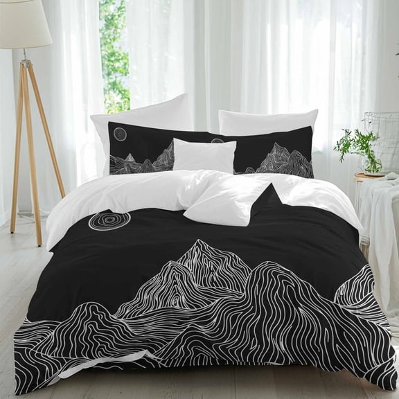 Abstract Line Peaks Queen Size Comforter Set, Modern Geometric Lines Sunset Hills Moutains Bedding for All Seasons, 4 Pcs Bed Set, 1Quiltcover (90"x92") ,1Sheet(94"x116"), 2Pillowcases (30"x20")