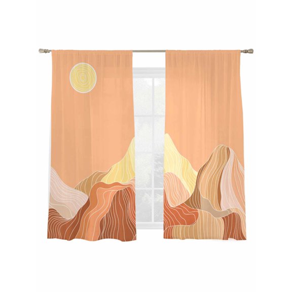 Abstract Line Peaks Sheer Curtains 2 Panels Set Modern Geometric Lines Sunset Hills Moutains Orange Sheer Window Curtains Light Filtering Rod Pocket Voile Drapes for Bedroom Living Room 52"X72"