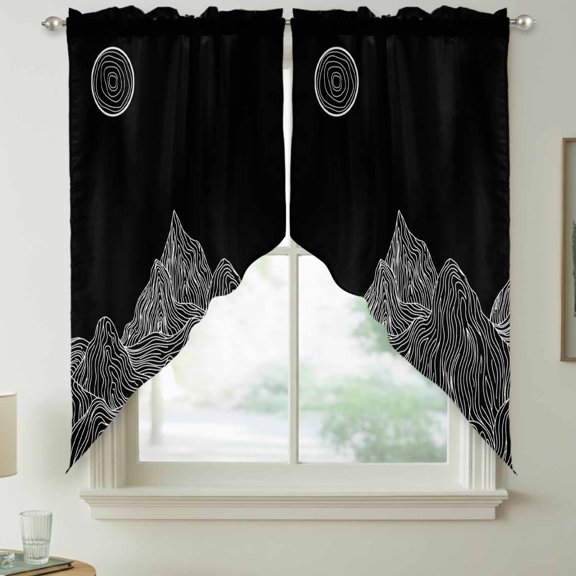 Abstract Line Peaks Swag Kitchen Curtain Valances, Modern Geometric Lines Sunset Hills Moutains Black Rod Pocket Curtains Window Treatment Decor Valances for Bedroom Bathroom, 2 Panels 36 x 36 Inch