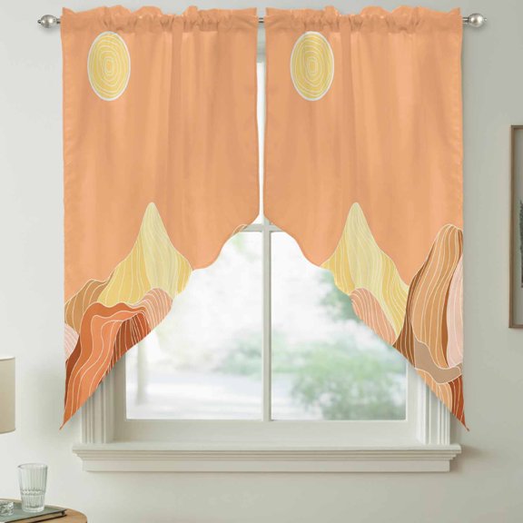 Abstract Line Peaks Swag Kitchen Curtain Valances, Modern Geometric Lines Sunset Hills Moutains Orange Rod Pocket Curtains Window Treatment Decor Valances for Bedroom Bathroom, 2 Panels 36 x 36 Inch