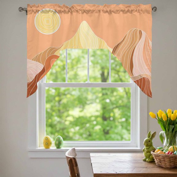 Abstract Line Peaks Swag Valances for Kitchen Window, Geometric Lines Sunset Hills Moutains Orange Small Swag Valances Rod Pocket Curtain Drapes Window Treatment for Bedroom Bathroom 56x36 Inch
