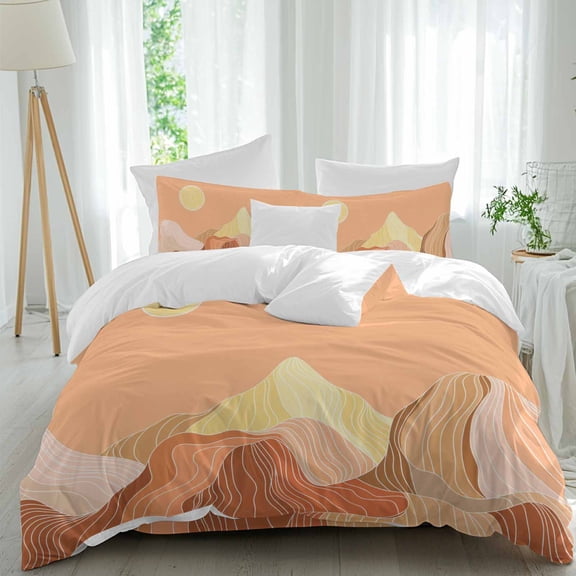 Abstract Line Peaks Twin Size Comforter Set, Modern Geometric Lines Sunset Hills Orange Bedding for All Seasons, 4 Pcs Bed Set, 1 Quiltcover (68"x86") ,1Sheet(67"x116"), 2Pillowcases (30"x20")