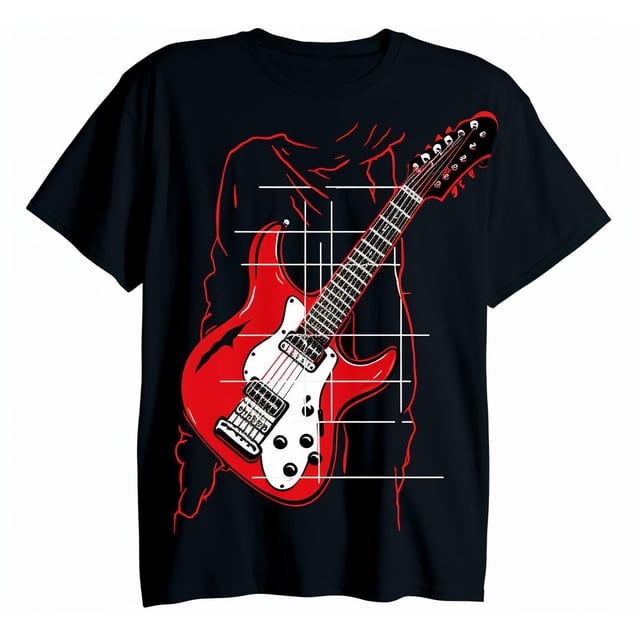 Black Guitar and Star Print Punk T-shirt