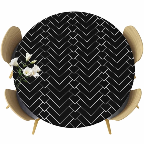Abstract Line Round Fitted Tablecloth with Elastic Edge, Herringbone Black White Modern Simple Stretch Table Covers for 36"-44" Tables Wipeable Table Cloth for Outdoor
