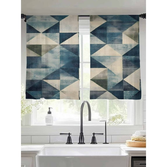 Abstract Line Sheer Curtains 54 Inches Long 2 Panels Beige Blue Shaped Color Block Light Filtering Semi Sheer Window Curtains Drapes for Bedroom Living Room 52"x54"