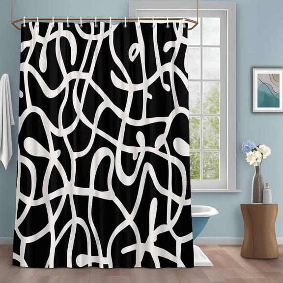 Abstract Line Shower Curtain with Hooks, Retro White Wave Line Art Black Minimalist Water Repellent Shower Curtains for Bathroom Decor Sturdy Shower Curtain, Machine Washable 36x72 Inch