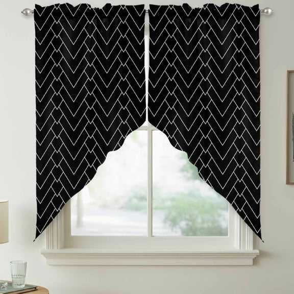 Abstract Line Swag Kitchen Curtain Valances, Herringbone Black White Modern Simple Rod Pocket Curtains Window Treatment Decor Valances for Bedroom Bathroom, 2 Panels 28 x 36 Inch
