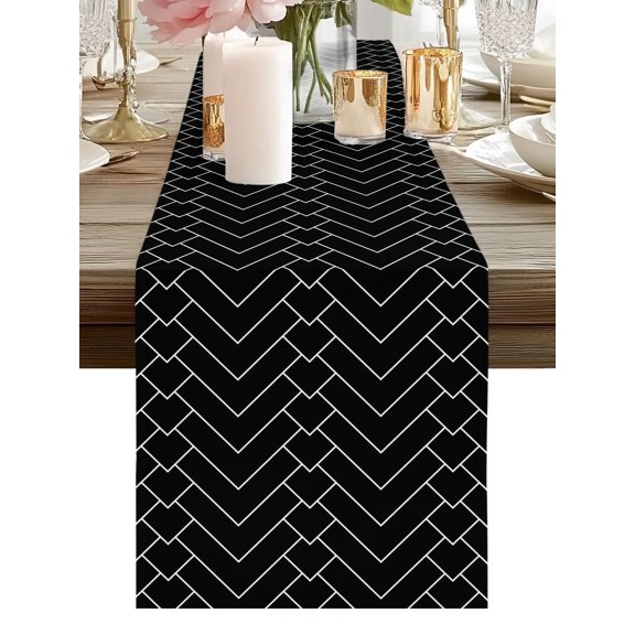 Abstract Line Table Runner 13x36 Inch Herringbone Black White Modern Simple Table Runners Dresser Scarves Holiday Kitchen Dining Table Decoration for Home Party Indoor