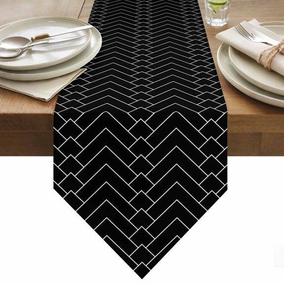 Abstract Line Table Runner 36 Inches Long Herringbone Black White Modern Simple Table Runners for Dining Room Tabletop Dresser Scarf Home Party Banquet Wedding Holiday Decoration