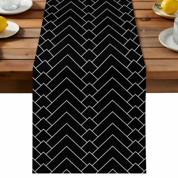 Abstract Line Table Runner, Herringbone Black White Modern Simple Cotton Linen Table Cloth, Tablerunner for Kitchen Dining Party Wedding Home Decor 13x48 Inch