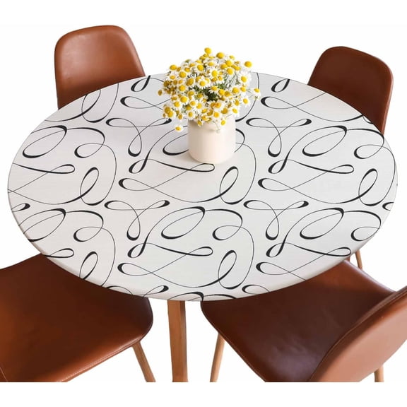 Abstract Line Tablecloth Round Tangled Modern Texture Geometric Beige Waterproof Wipeable Table Cloth Cover Table Pad Cover for Dining Room Fitted Table 44 inch