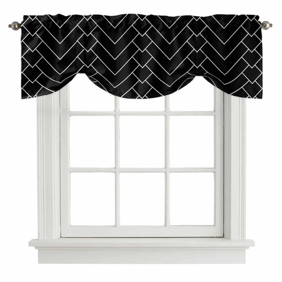 Abstract Line Tie Up Valance for Windows Herringbone Black White Modern Simple Adjustable Curtain Valance Rod Pocket Balloon Shade Window Treatment for Kitchen Living Room Bedroom 42x18inch
