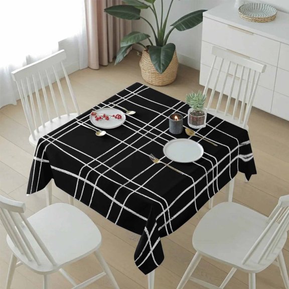 Abstract Line White Lattice on Black Table Cloth 54x54in, Waterproof Square Tablecloth Wipeable Tablecloths Monochromatic Art Table Covers for Dining Tables Party Indoor Outdoor