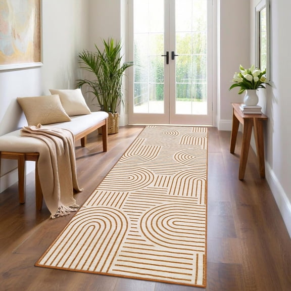Abstract Lines 2x6 Runner Rug, Washable Non Slip Kitchen Rug, Modern Long Bedside Rug Non Shedding Stain Resistant for Entryway Bedroom Porch, Orange