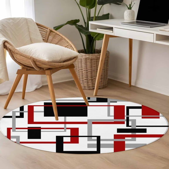 Abstract Lines 3.3ft Round Rug for Bedroom Reading Corner, Black Red Geometric Square Frame Washable Non Slip Circle Area Rug