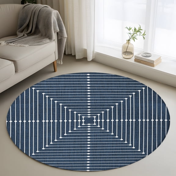 Abstract Lines 4' Round Rug for Cozy Reading Nook Home Office Chair Area, Modern Square Geometric Navy Blue Washable Non Slip Circle Area Rug