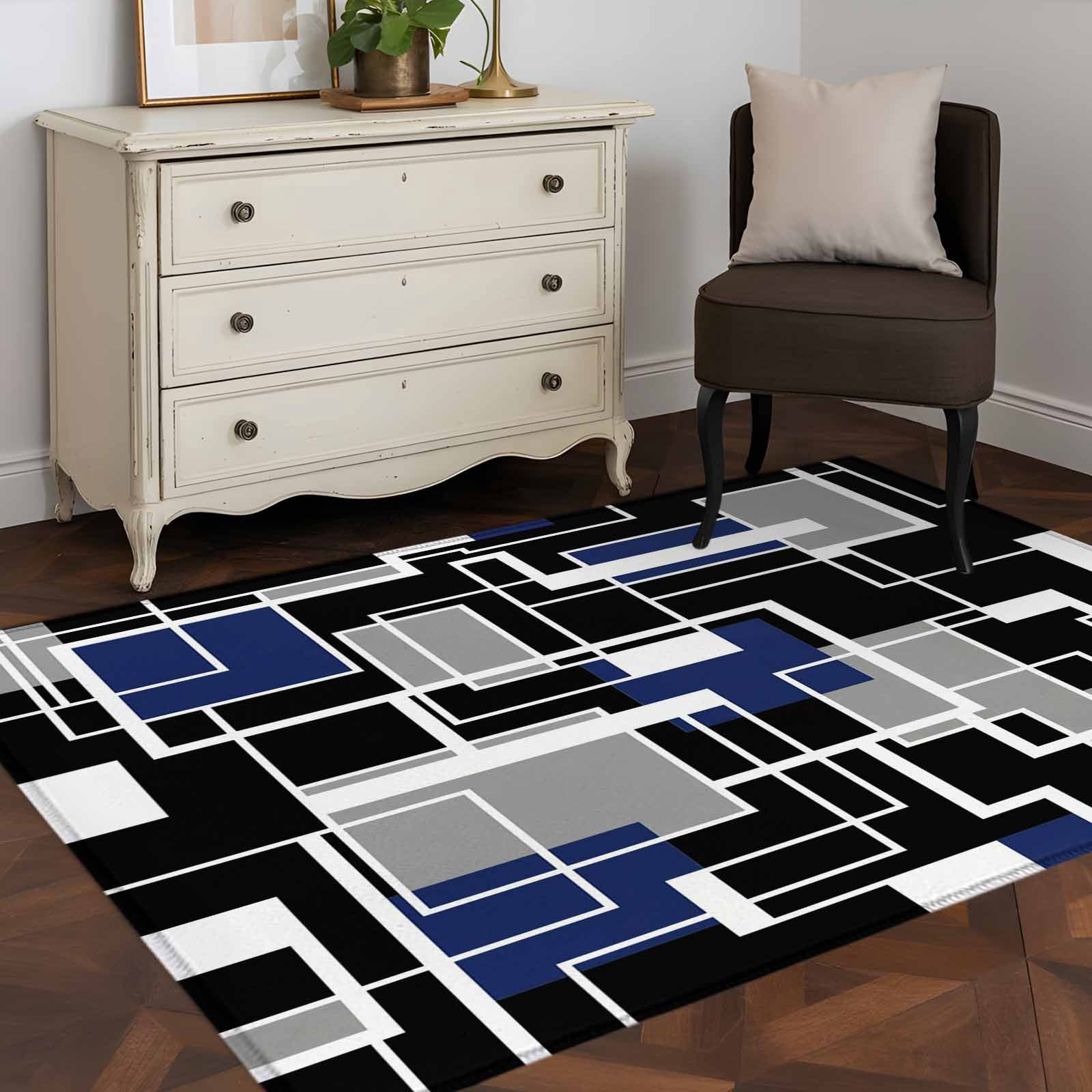 Abstract Lines 4x6 Rug for Dining Table for 4 People Under Table, Black ...