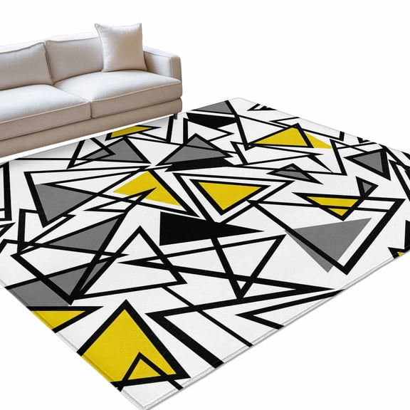 Abstract Lines 6x9ft Non Slip Area Rug Black Gray Yellow Triangle Geometric Modern Washable Soft Area Rugs for Living Room, Indoor Circle Carpet for Bedroom Dining Room Kitchen
