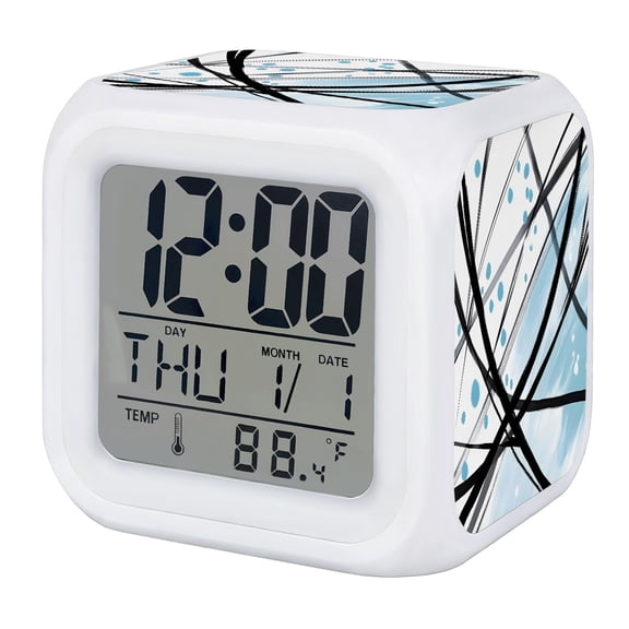 Abstract Lines Alarm Clock, Modern Black Line Blue Dots Splashes Fluid Strokes Digital Clock Night Light with 7 Color, Calendar Temperature Display, LED Desk Small Clock for Bedrooms Living Room