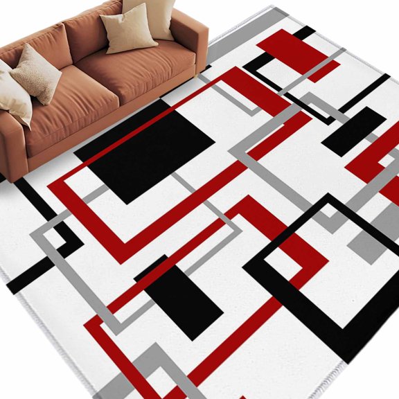 Abstract Lines Area Rug, Black Red Geometric Square Frame Rectangular Non-Slip Absorbent Washable Area Rug Felt Rubber Backing Indoor Carpet for Bedroom Living Room 9x12ft