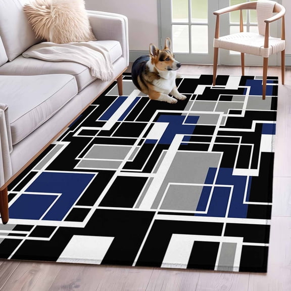 Abstract Lines Area Rugs 3x5 ft Black Gray Navy Rectangle Geometric Modern Washable Rug Non Slip Indoor Carpet Absorbent Floor Mat for Living Room Bedroom Dining Room