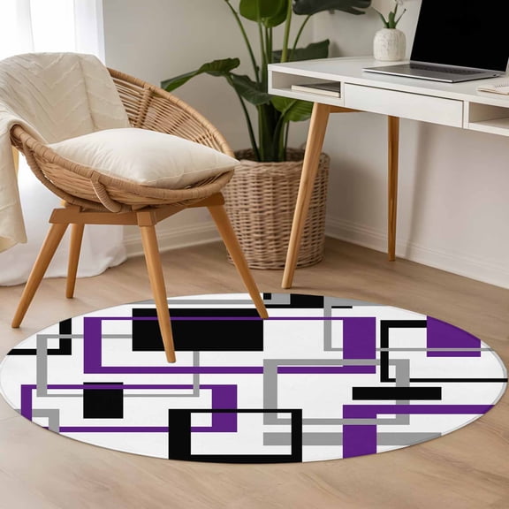 Abstract Lines Art 3.3ft Round Rug for Bedroom Reading Corner, Black Purple Geometric Square Frame Washable Non Slip Circle Area Rug