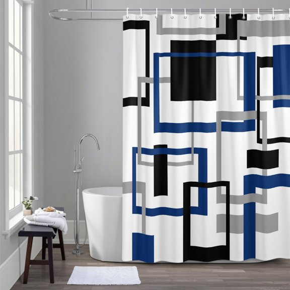 Abstract Lines Art 72x84 Inches Waterproof Shower Curtain, Black Blue Geometric Square Frame Bath Curtain Set with 12 Hooks Washable Shower Curtains for Bathroom Bathtub Decor