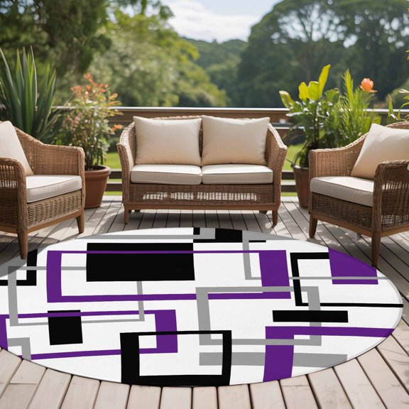Abstract Lines Art 8ft Round Rug for Open Concept Living Room Seating Zone, Black Purple Geometric Square Frame Washable Non Slip Large Circle Area Rug