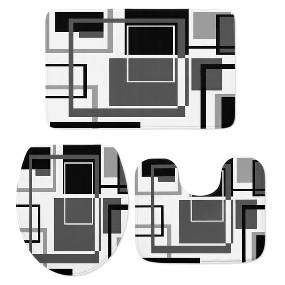 Abstract Lines Art Bathroom Rugs Set Black White Grey Geometric Modern Non Slip Absorbent Soft Bath Mats 3 Piece Set with Bathroom Rug, U-Shaped Floor Mat, Toilet Seat Cover Small Size