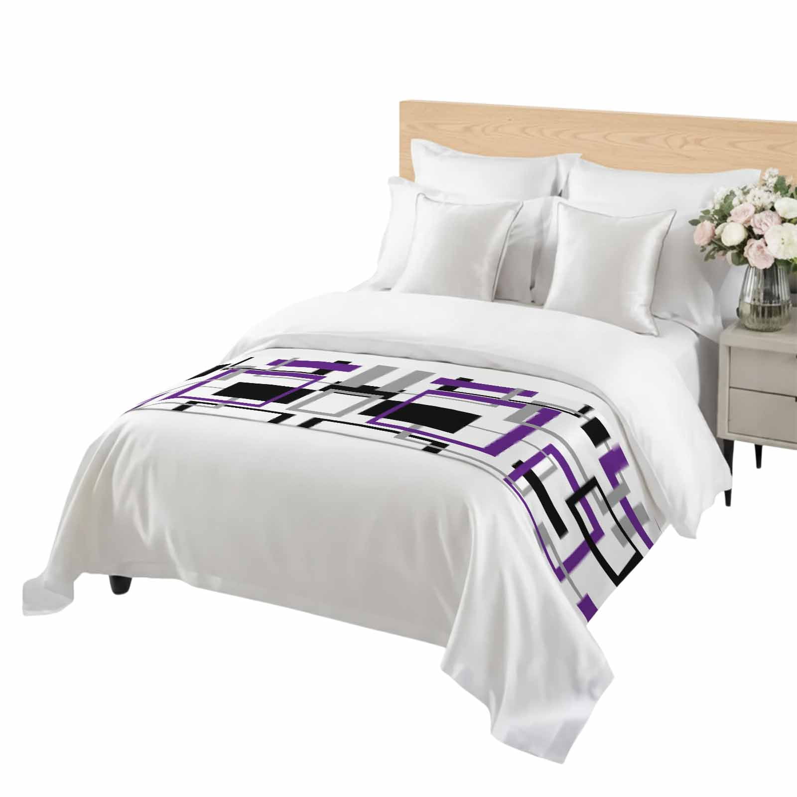 Abstract Lines Art Bed Runner Cal King Size Black Purple Geometric ...