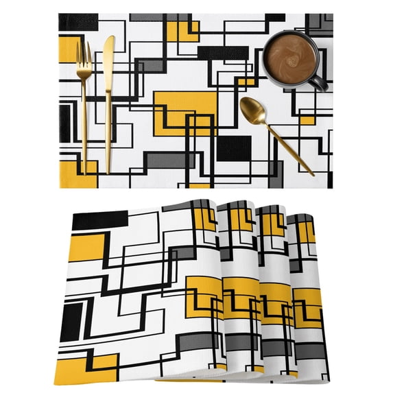 Abstract Lines Art Cotton Linen Placemats Set of 6, Black Yellow ...