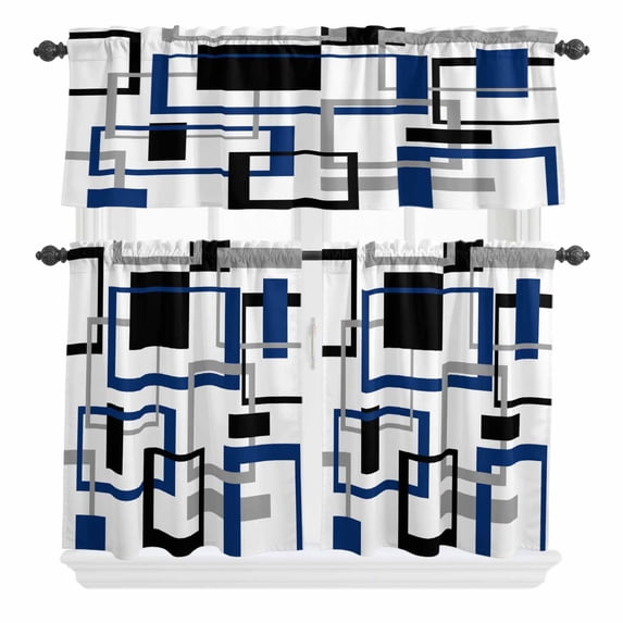 Abstract Lines Art Curtain Valances Set Black Blue Geometric Square Frame Kitchen Curtains 24 inch Length Rod Pocket Valance and Tiers 3 Piece Set Small Bedroom Bathroom Laundry Decor