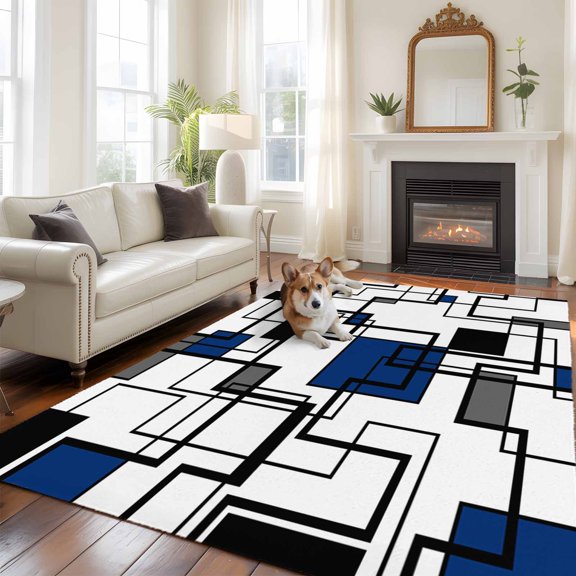 Abstract Lines Art Large Area Rugs 8x10 ft Black Blue Geometric Modern Texture Washable Rug Non Slip Indoor Carpet Absorbent Floor Mat for Living Room Bedroom Dining Room