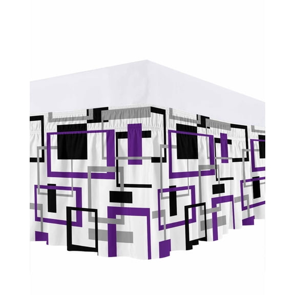 Abstract Lines Art Ruffle Bed Skirt Queen Size Black Purple Geometric Square Frame Adjustable Elastic Dust Bed Skirts Wrap Around Bedskirt Wrinkle Free Easy Fit with 16 Inch Drop