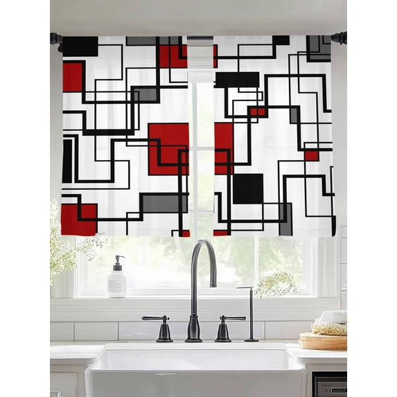 Abstract Lines Art Sheer Curtains 45 Inches Long 2 Panels Black Red Geometric Modern Texture Light Filtering Semi Sheer Window Curtains Drapes for Bedroom Living Room 52"x45"
