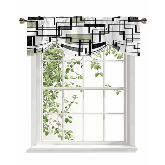 Abstract Lines Art Tie Up Valances Curtain, Adjustable Kitchen Black Sage Green Geometric Modern Stripe Valances for Windows Decor, Rod Pocket Short Curtains Set for Bedroom/Bathroom, 42"x18"