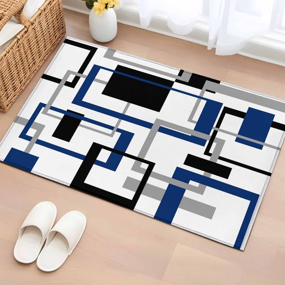 Abstract Lines Art Washable Small Entryway Area Rugs 2'x3', Black Blue Geometric Square Frame Low Pile Throw Rug Non-Slip Sturdy Edge Binding Carpet for Front Door Floor Room Entry