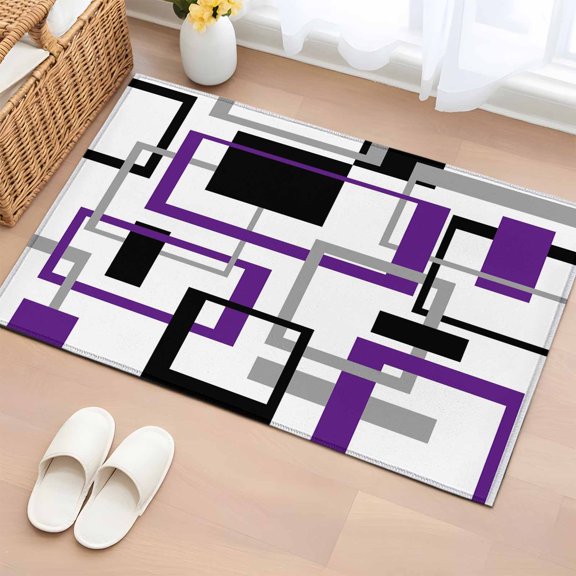 Abstract Lines Art Washable Small Entryway Area Rugs 2'x3', Black Purple Geometric Square Frame Low Pile Throw Rug Non-Slip Sturdy Edge Binding Carpet for Front Door Floor Room Entry