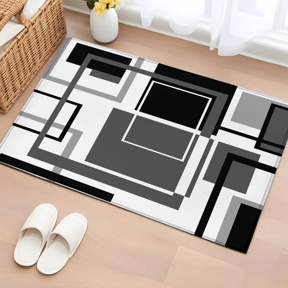 Abstract Lines Art Washable Small Entryway Area Rugs 2'x3', Black White Grey Geometric Modern Low Pile Throw Rug Non-Slip Sturdy Edge Binding Carpet for Front Door Floor Room Entry