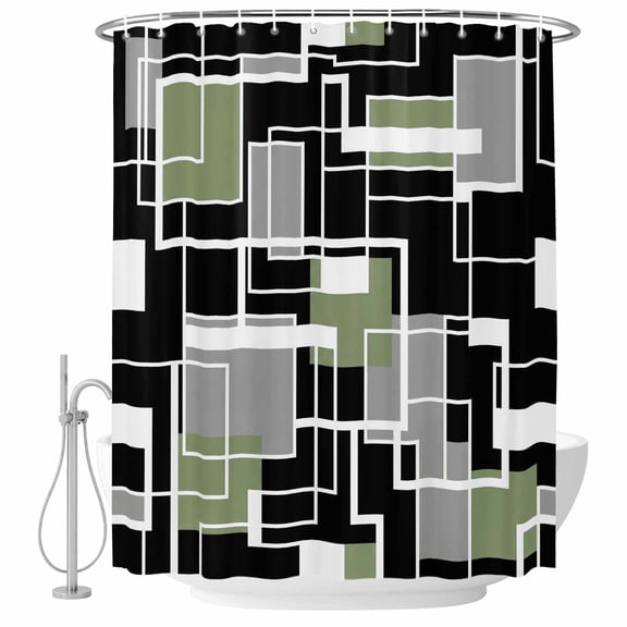 Abstract Lines Bathroom Shower Curtains with Hooks, Black Gray Green Rectangle Geometric Modern Waterproof Fabric Washable Shower Curtain for Home Hotel Bathtub Decor 72x84 Inch
