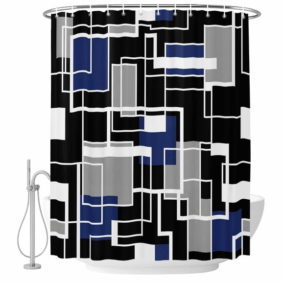 Abstract Lines Bathroom Shower Curtains with Hooks, Black Gray Navy Rectangle Geometric Modern Waterproof Fabric Washable Shower Curtain for Home Hotel Bathtub Decor 72x72 Inch