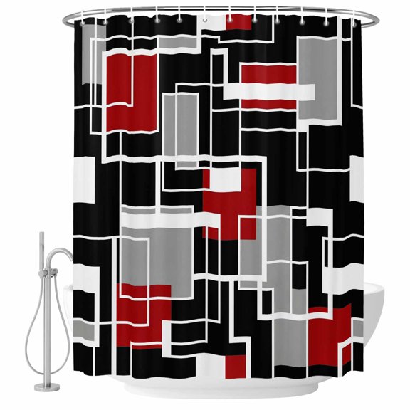Abstract Lines Bathroom Shower Curtains with Hooks, Black Gray Red Rectangle Geometric Modern Waterproof Fabric Washable Shower Curtain for Home Hotel Bathtub Decor 72x72 Inch