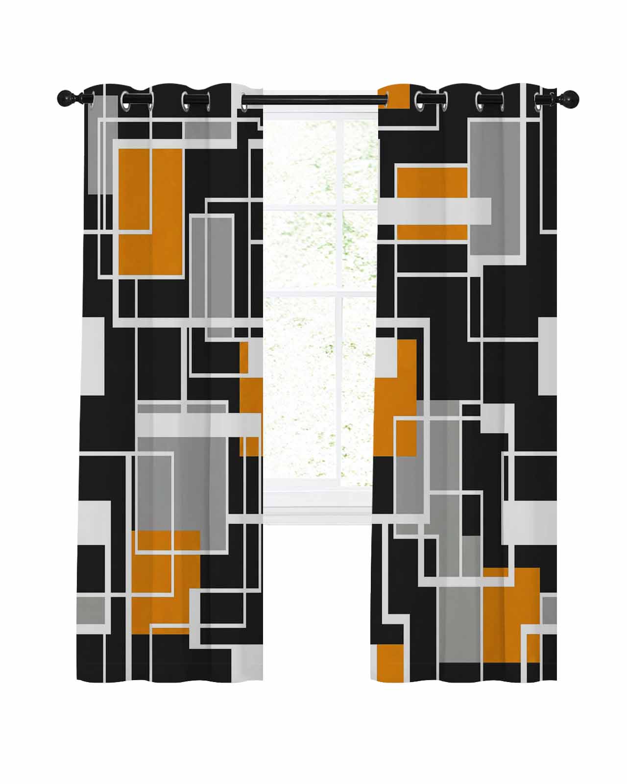 Rectangular Curtains Abstract Lines Blackout Curtains 63 Inch Length Black Gray Orange ...