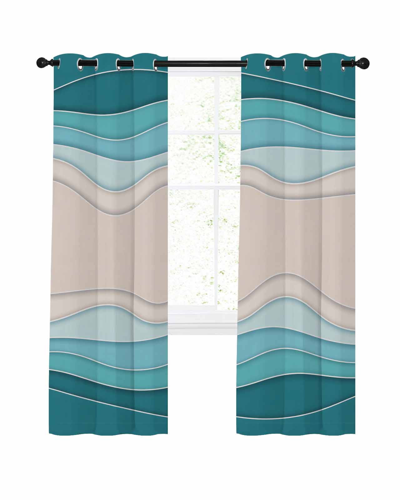 Abstract Lines Blackout Curtains for Bedroom Living Room, Blue Beige Waves Modern Style Simple 39 In Long Thermal Insulated Room Darkening Drapes Grommet Window Treatments, 27.5 x 39 In
