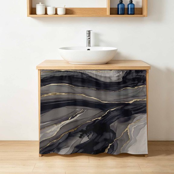 Abstract Lines Cabinet Curtains 11"Wx13"L, Deep Black Charcoal Gray Water Ripples Gold Embellished Under-Desk Privacy Dust Proof Drape Dishwasher Curtain Sink Skirt for Kitchen Closet Bathroom