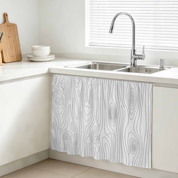 Abstract Lines Cabinet Curtains for Kitchen 10"W x 11"L, Vintage Art Black Tree Veins Irregular Circle Under Sink Skirt Magic Tape Short Curtain Decorative Privacy Panel for Bathroom Laundry